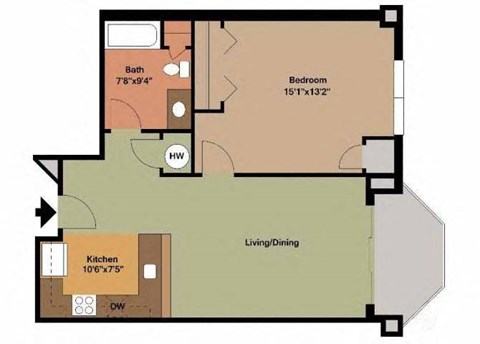 Floor plan for 1 bed, 1 bath, 760 sqft
